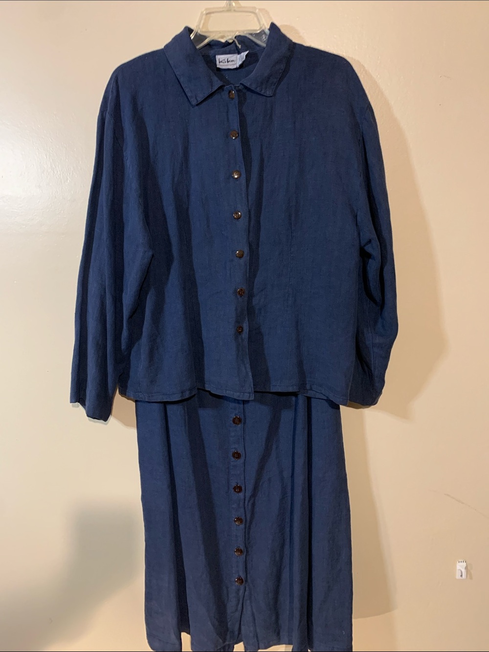Navy Button-Front Linen Shirt & Skirt Set Vintage KiKo